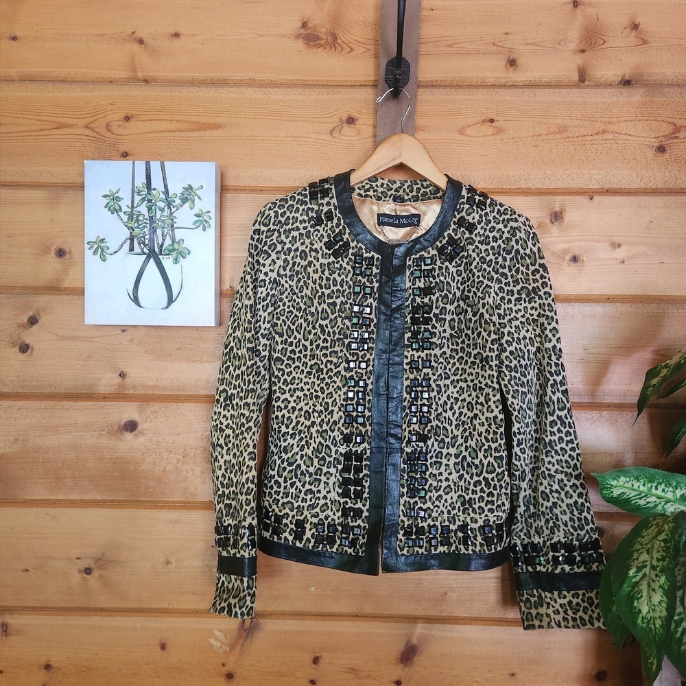 PAMELA McCOY Black Animal Print Leather Eye Hook Jacket Blazer Beaded Size Small